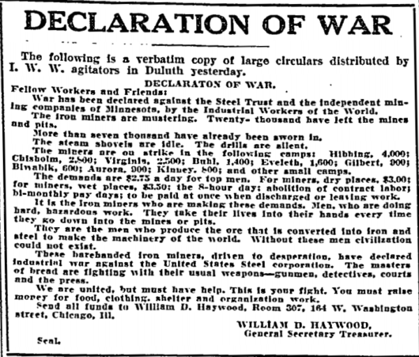 MN Iron Miners Strike, Haywood Dec of War, DNT, July 12, 1916