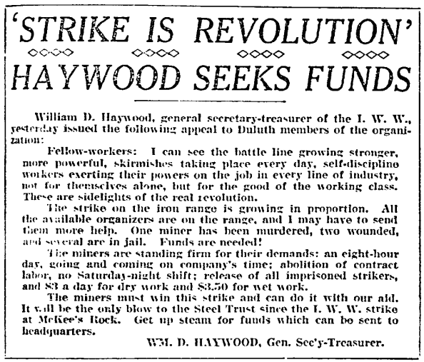 MN Iron Strike, BBH seeks funds, DNT, July 19, 1916
