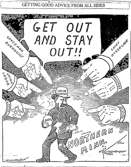 MN Miners Strike, Get Out IWW, Cartoon, DNT, July 6, 1916