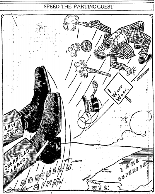 MN Miners Strike-give 'em the boot cartoon, DNT, July 1, 1916