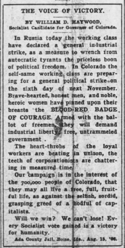 From Haywood, Socialist for CO Gov, AtR, Aug 25, 1906