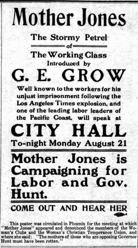 Mother Jones, Stormy Petrel, Poster, Graham Guardian AZ, Sept 1, 1916
