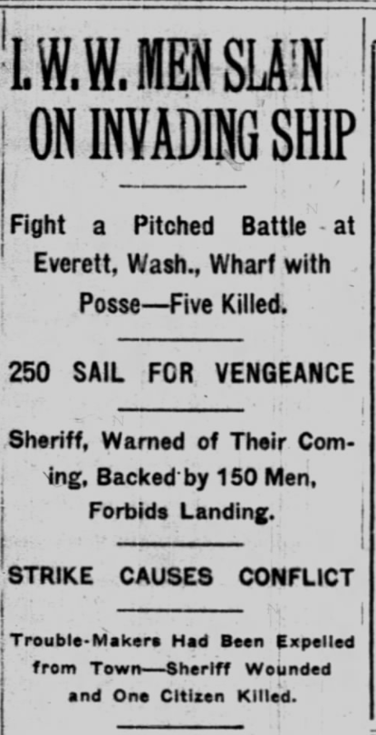 Everett Massacre, NYT re "invading ship" Nov 6, 1916