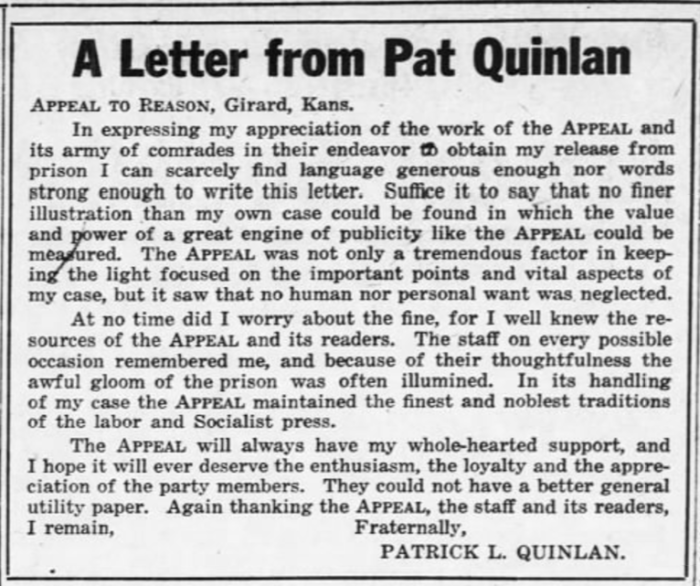 AtR, Letter fr Pat Quinlan, Dec 9, 1916