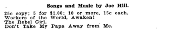 Joe Hill, Ad for Songs, Proceedings IWWC Ending Dec 1, 1916