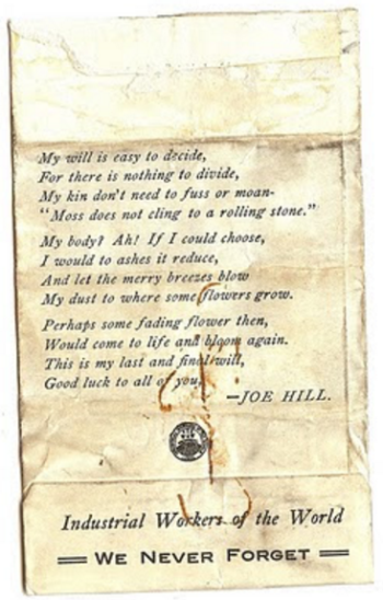 Joe Hill, ashes envelope back