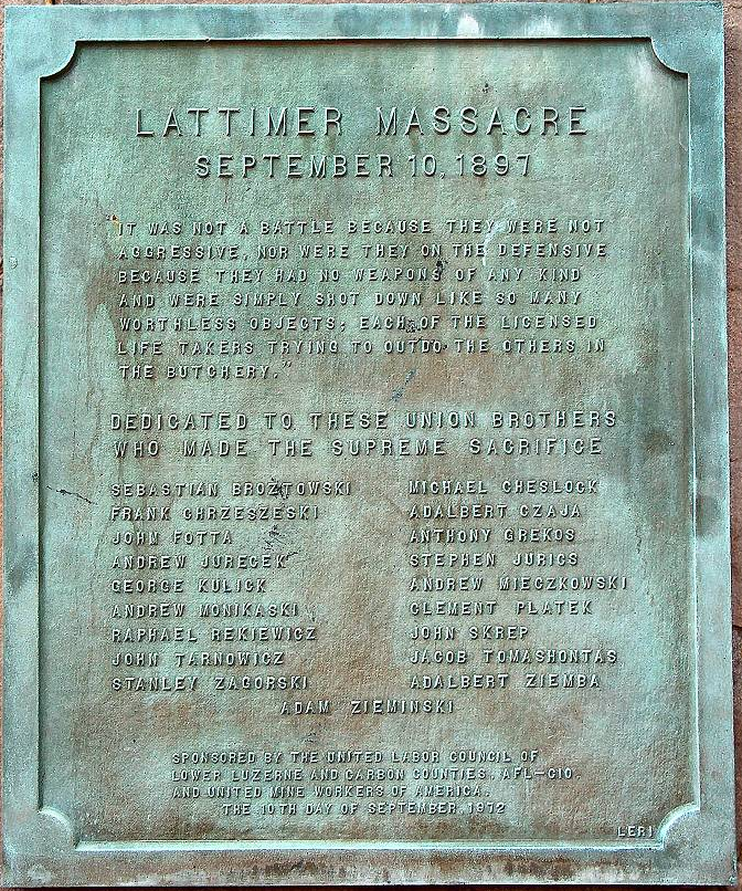 Lattimer Massacre, Sept 10, 1897, Plaque with Names