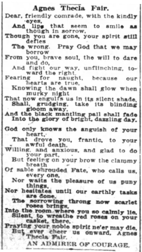 Agnes Thecla Fair, RIP Poem, OR Dly Jr, Jan 25, 1917