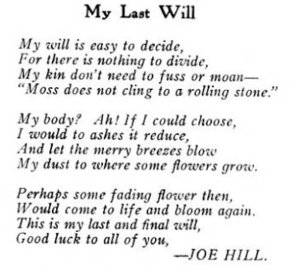 Joe Hill, My Last Will, Nov 18, 1915