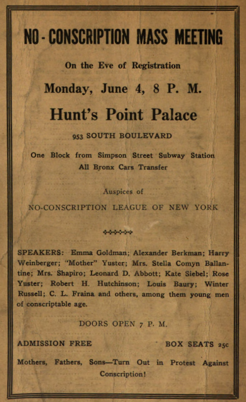 Mother Earth, Ad Anti-Draft Meeting, June 1917