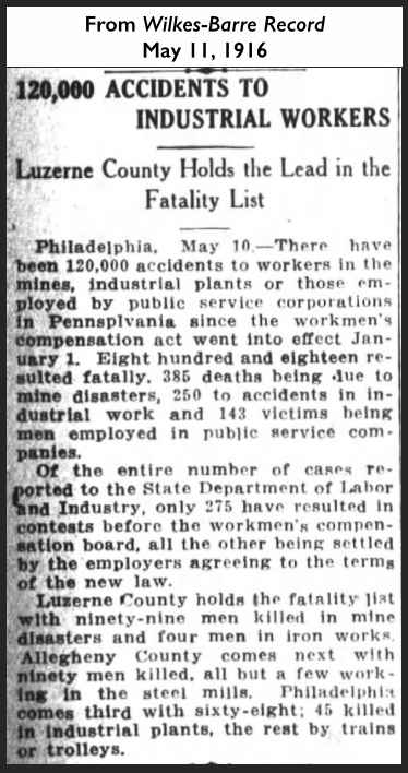 Death on the Job, W-B PA Record, May 11, 1916