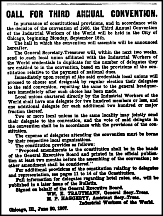 IWW Conv Call for Sept 16 Chg, IUB Sept 7, 1907