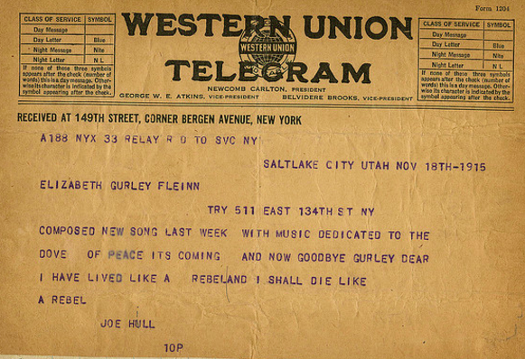 Joe Hill Telegram to EGF, Nov 18, 1915, 10 pm