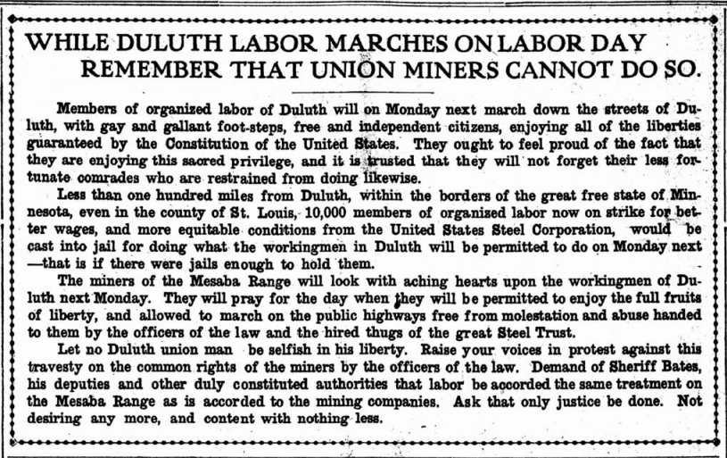 Mesabi Iron Miners Strike of 1907, Labor Day, Lbr Wld Aug 31, 1907