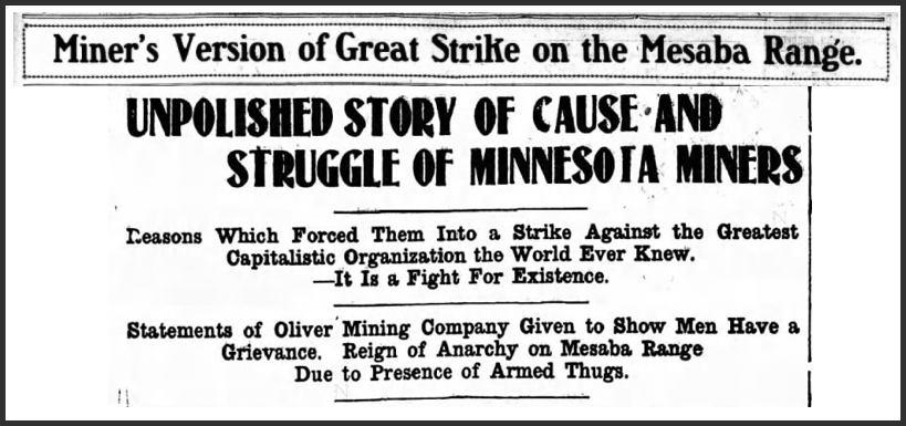 Mesabi Iron Miners Strike of 1907, Lbr Wld HdLn, Aug 31, 1907