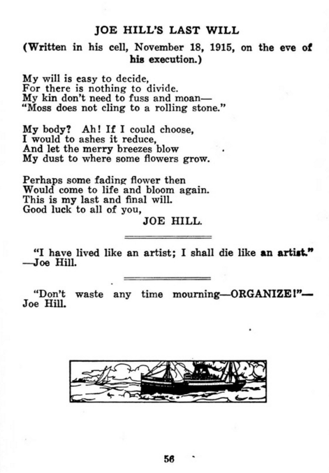 Joe Hill Memorial Edition, LRSB, Last Will, Farewell, March 1916