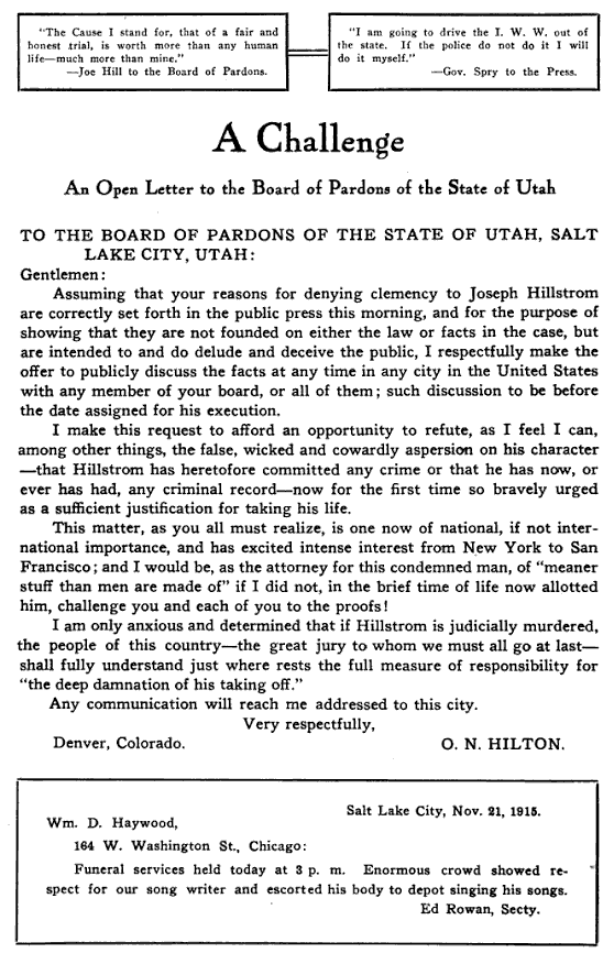 Joe Hill, to Gov from Hilton, ISR Dec 1915