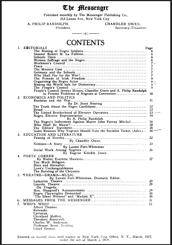 Messenger, Contents 1st Ed, Nov 1917