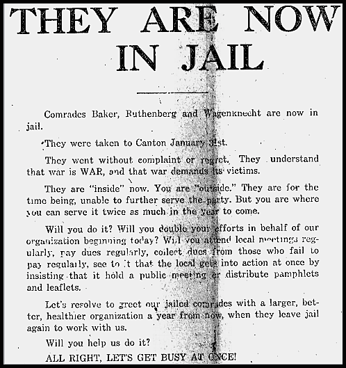 WWIR, SPA, WWIR, SPA, Ruthenberg, Wagenknecht, Baker d2, Ohio Socialists, Feb 11, 1918