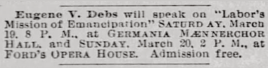 AD, EVD to speak, Baltimore Sun p1, Mar 19, 1898