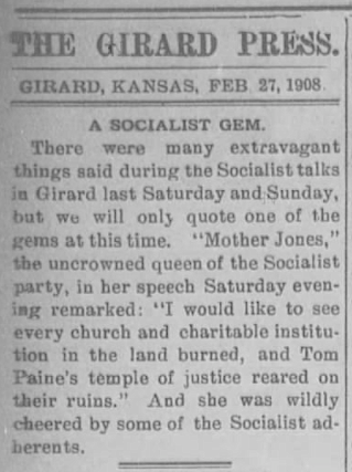 Mother Jones Socialist Gem, Girard Prs, Feb 27, 1908