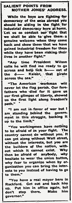 Mother Jones Speech, Rockford IL Mar 17, Dly Rg Gz p3, Mar 18, 1918