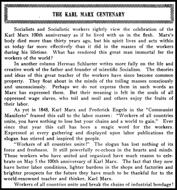 Karl Marx Centenary, ILGWU Jr, May 1918