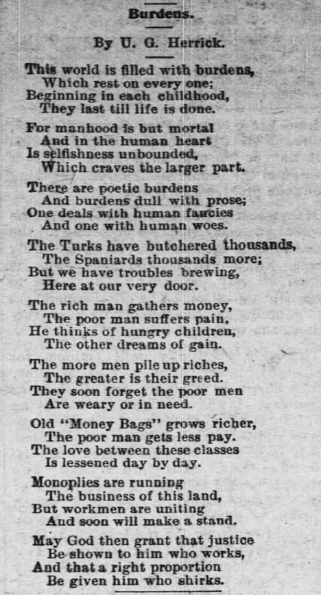 Poem, Burdens by UG Herrick, AtR p3, May 7, 1898