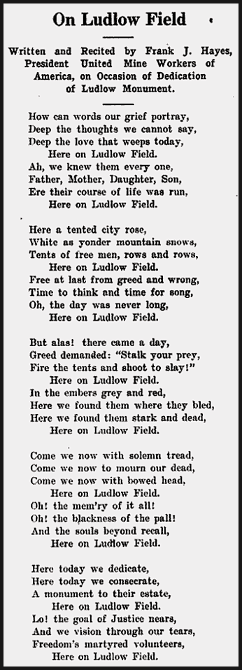 Ludlow Monument Dedication, POEM by Frank Hayes, UMWJ, June 6, 1918