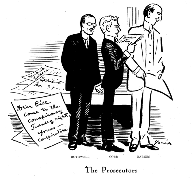 Masses 1st Trial, Prosecutors by Art Young, Liberator p9, June 1918