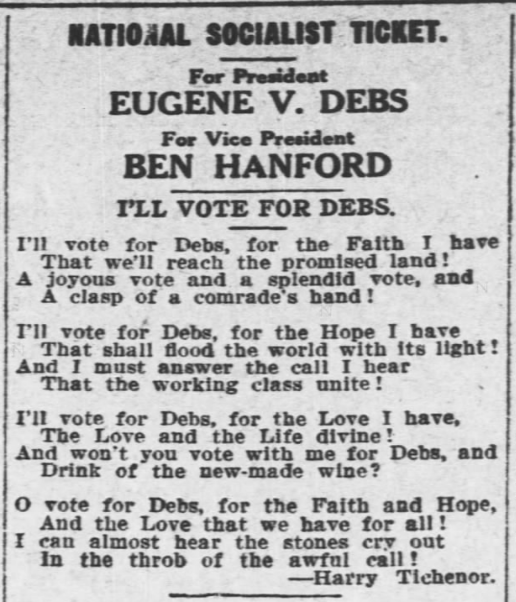 POEM, I'll Vote for Debs by Tichenor, AtR, June 6, 1908