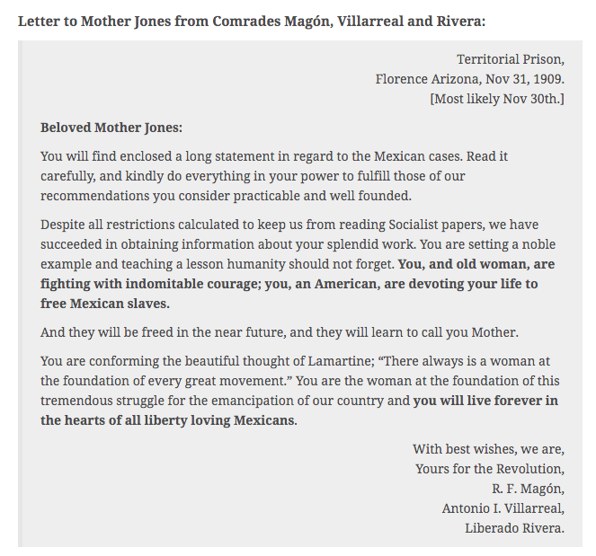 to Mother Jones fr Magon Villarreal Rivera from AZ Prison, Nov 31, 1909