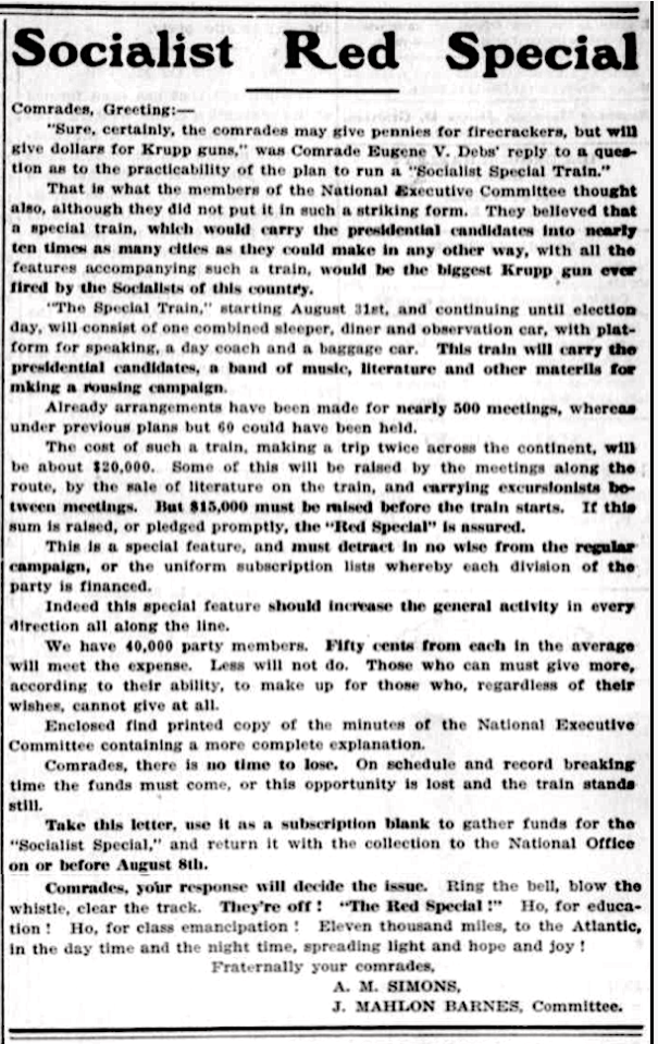 AD ed, Fundraisers Socialist Red Special, MTNs p1, July 23, 1908