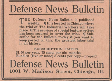 Ad IWW Defense News Bulletin, fr Red Dawn by H. George, ab March 1918