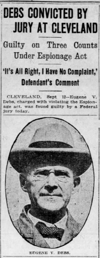 EVD, Debs Found Guilty, Bstn Glb p3, Sept 13, 1918
