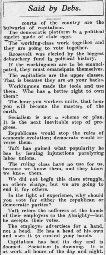 EVD Said By Debs Part I, AtR p4, Sept 19, 1908