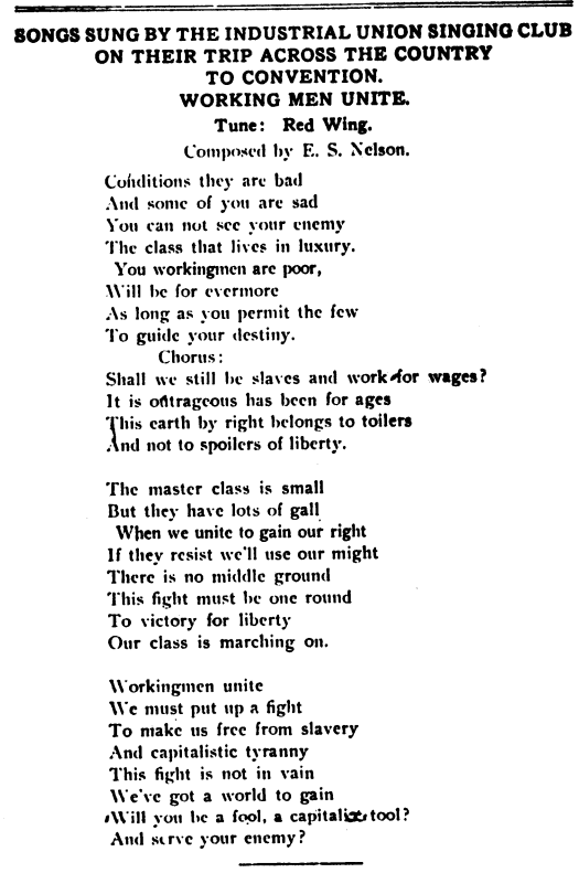 IWW Songs, Working Men Unite by Nelson, IUB Oct 24, 1908
