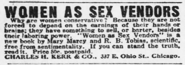 Ad, Women as Sex Vendors, Mary Edna Tobias Marcy, AtR p3, Nov 9, 1918