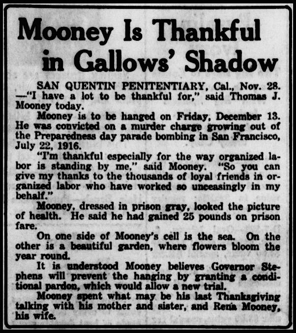 Tom Mooney, Mooney Thanks Labor, Stt Str p1, Nov 28, 1918