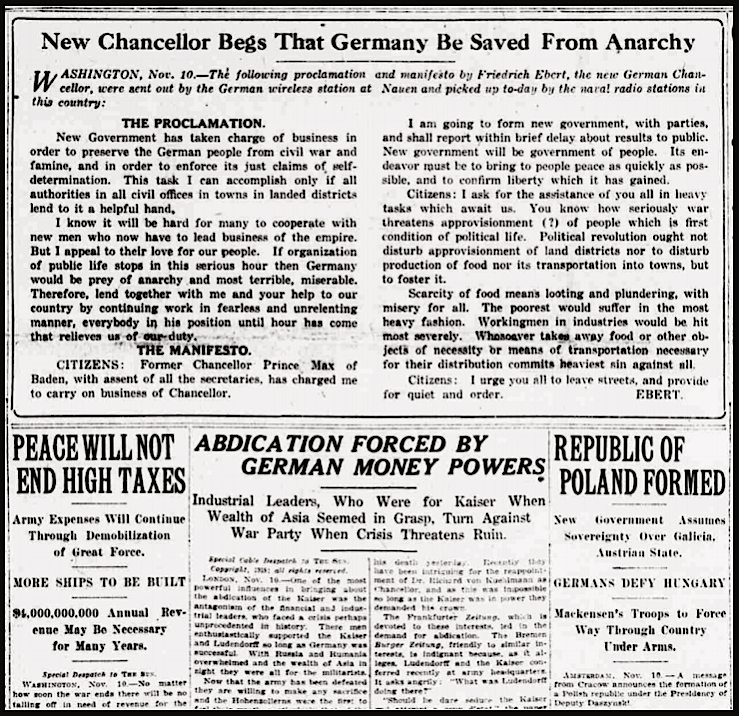 WWI, Armistice Germany n Anarchy, NY Sun p1, Nov 11, 1918