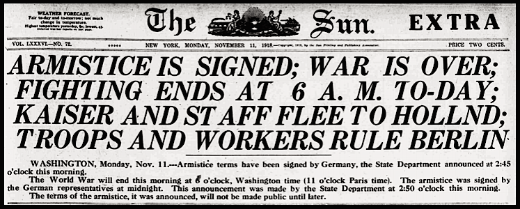 WWI, Armistice HdLn, NY Sun p1, Nov 11, 1918
