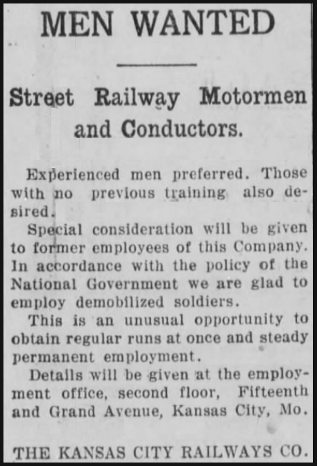 KC Street Car Strike, Scab Ad, Jctn Cty KS Dly Un p5, Dec 21, 1918