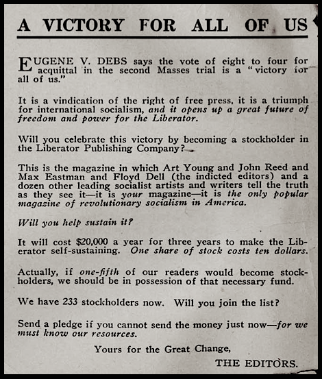 Liberator Pamphlet, Ad EVD, Masses Trial 2nd Eastman, Oct 4, 1918