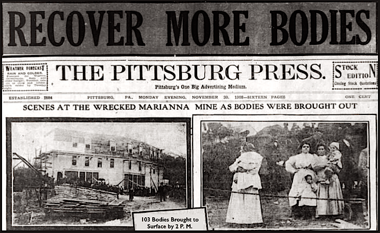 Marianna PA Mine Disaster, Bodies Brot Out, Ptt Prs p1, Nov 30, 1908