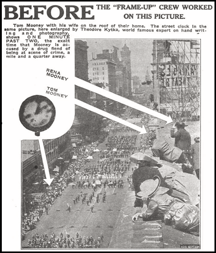 Photo of Clock, Tom Mooney n Rena at Parade, July 22, 1916, Shall Mooney Hang by Minor, bf Nov 1918