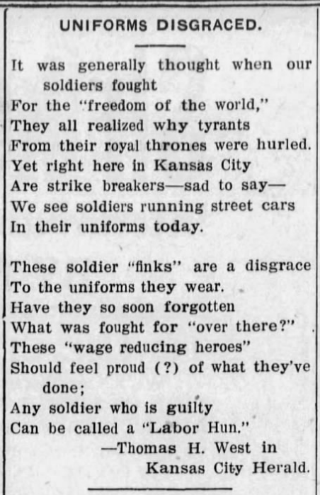 KC Streetcar Strike, Poem by TH West, Lv KS Lbr Chc p4, Jan 10, 1919