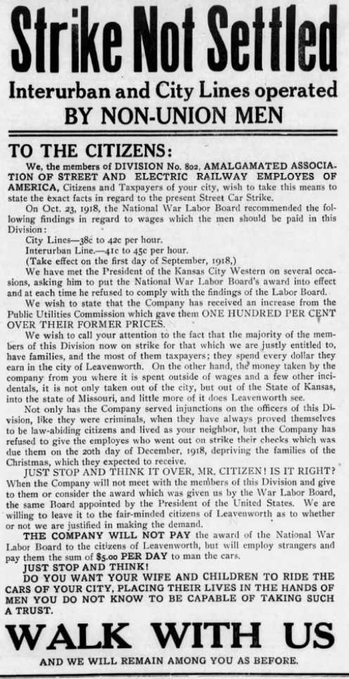 Streetcar Strike Leavenworth KS, Ad from 802, Lbr Chc p3, Jan 10, 1919