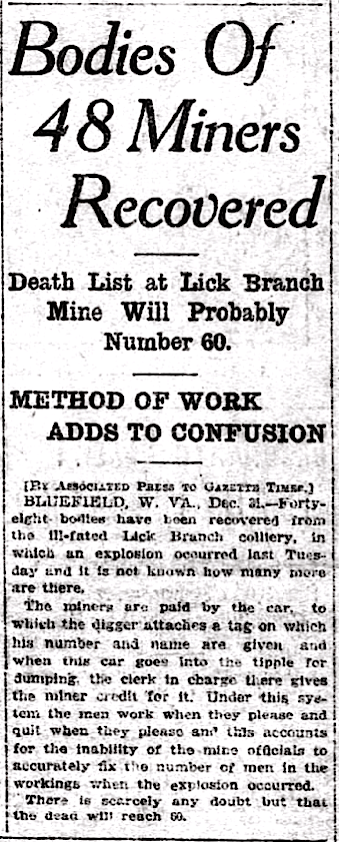 WV Lick Branch Mine Disaster of Dec 29, Ptt Gz Tx p1, Jan 1, 1909