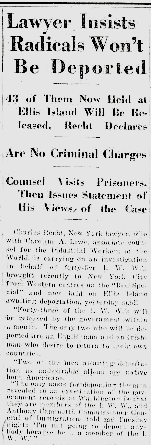 IWW Deportees Recht Lowe for Defense, NY Tb p18, Feb 20, 1919