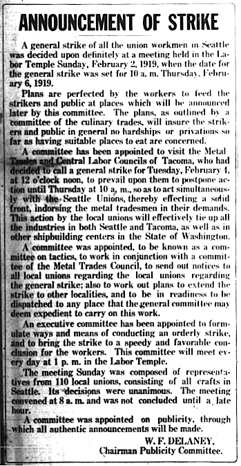 Seattle General Strike, Announcement Delaney, SUR p1, Feb 3, 1919
